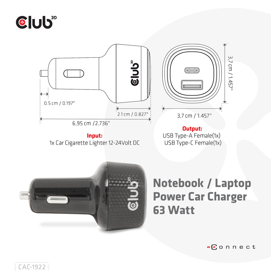 CLUB3D CAC-1922 Chargeur Allume-cigare pour Ordinateur Portable, Noir