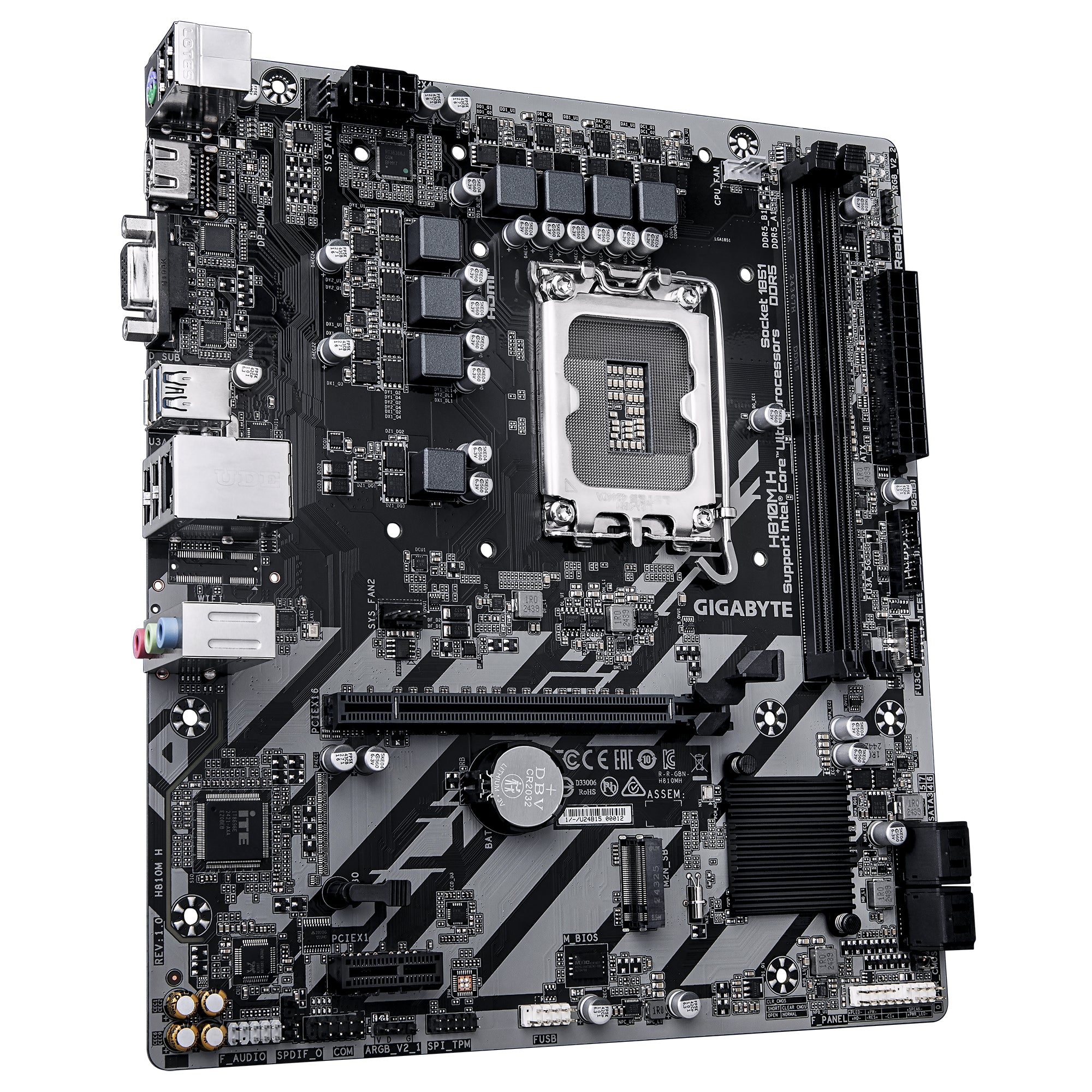 GIGABYTE H810M H Carte mère - Processeurs Intel Core Ultra (Série 2), VRM 4+1+2 phases, jusqu'à 6400 MHz DDR5, 1xPCIe 4.0 M.2, LAN 1GbE, USB 3.2 Gen 1