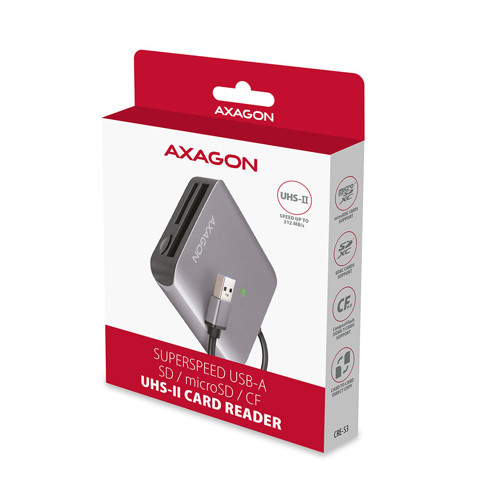Axagon CRE-S3 External card reader USB-A 3.2 Gen 1 3-slot & lun SD/microSD/CF lecteur de carte mémoire USB 3.2 Gen 1 (3.