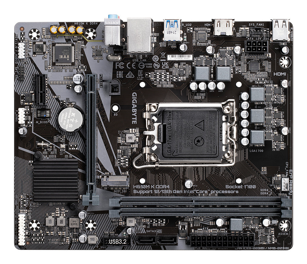 GIGABYTE H610M K DDR4 Carte mère - Compatible avec processeurs Intel Core 14th Gen CPUs, 3+1+1 Phases Hybrid Power Design, up to 3200MHz DDR4, 1xPCIe 3.0 M.2, GbE LAN, USB 3.2 Gen 1