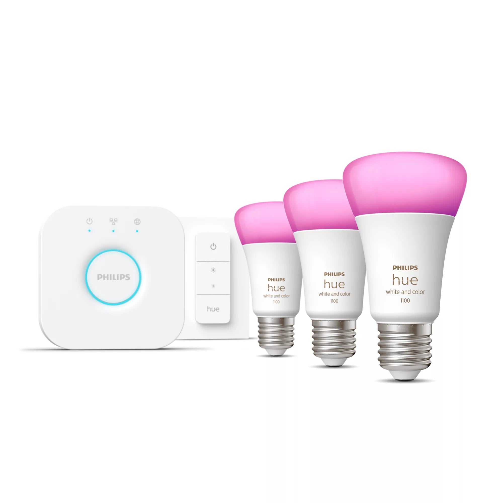 Philips Hue White and Color ambiance Kit de démarrage : 3 ampoules connectées E27 (1100) + variateur