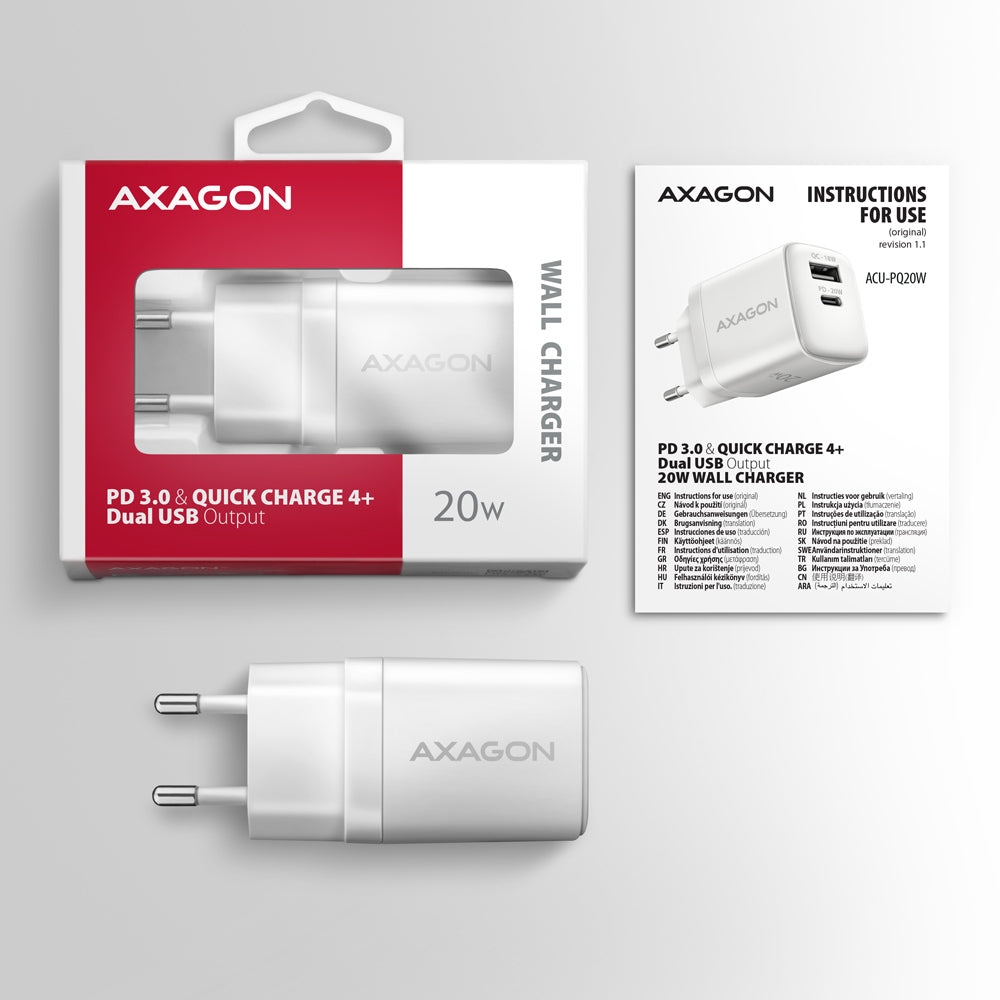 Axagon ACU-PQ20W chargeur d'appareils mobiles Universel Blanc Secteur Charge rapide Intérieure
