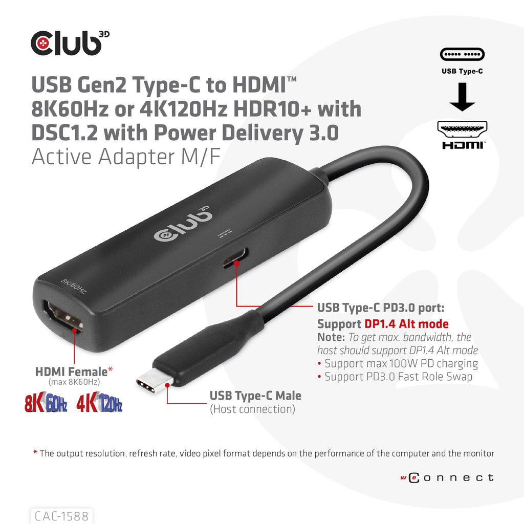 CLUB3D CAC-1588 Adaptateur Câble Vidéo USB Type-C vers HDMI, Noir, 0,17 m