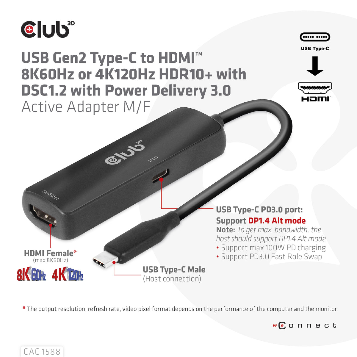 CLUB3D CAC-1588 Adaptateur Câble Vidéo USB Type-C vers HDMI, Noir, 0,17 m