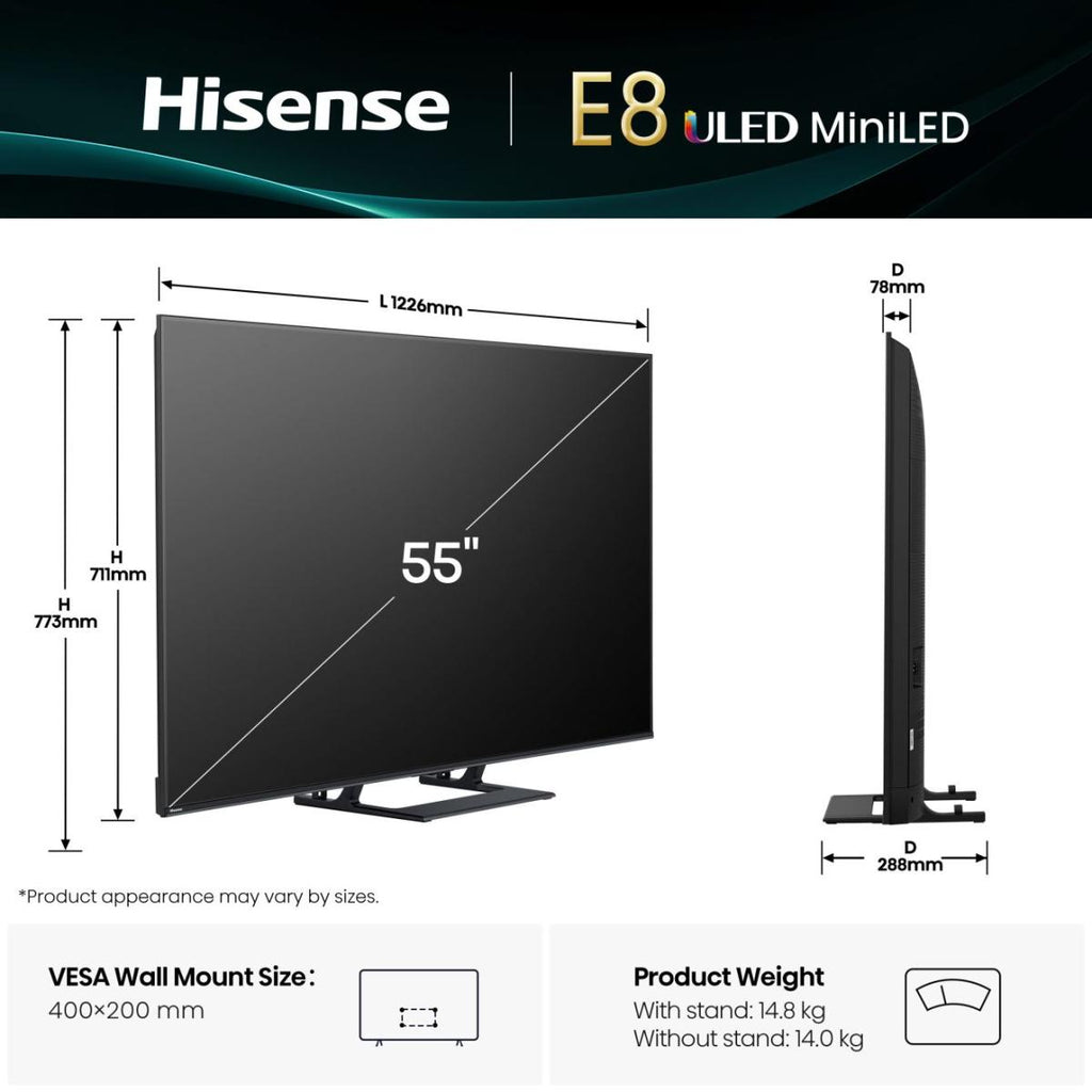 Hisense 55E8Q Smart TV 55" 139,7 cm 4K Ultra HD Mini LED Wifi - Noir, Gris