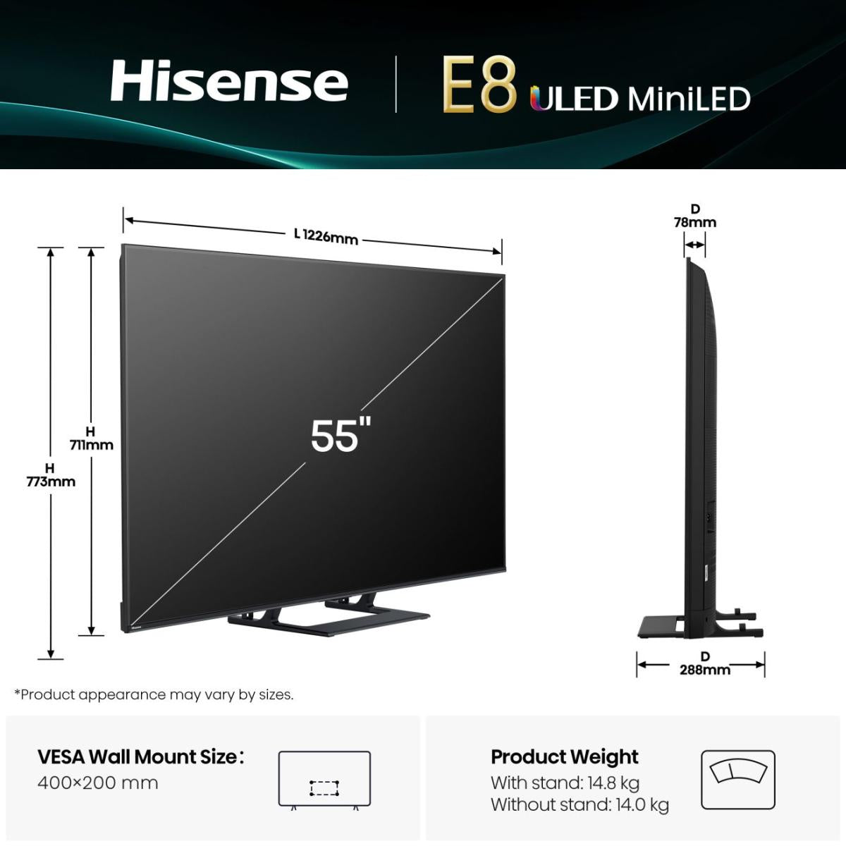 Hisense 55E8Q Smart TV 55" 139,7 cm 4K Ultra HD Mini LED Wifi - Noir, Gris
