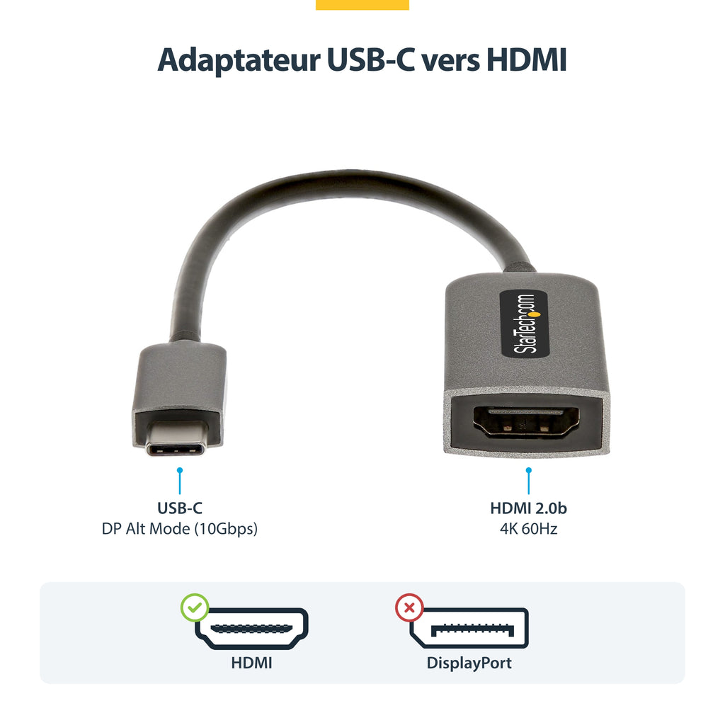 StarTech.com Adaptateur USB C vers HDMI - Vidéo 4K 60Hz, HDR10 - Adaptateur Dongle USB vers HDMI 2.0b - USB Type-C DP Alt Mode vers Écrans/Affichage/TV HDMI - Convertisseur USB C vers HDMI