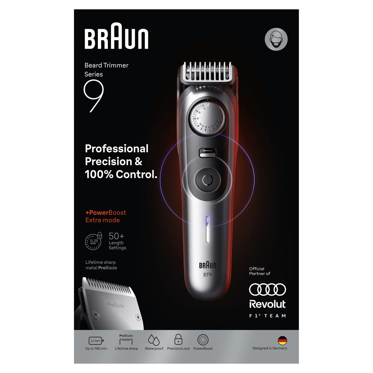 Braun BeardTrimmer 9 BT9520 F1 Batterie Mouillé & sec Noir, Gris