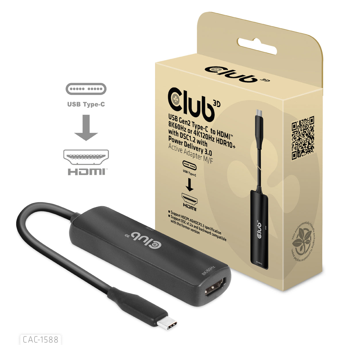 CLUB3D CAC-1588 Adaptateur Câble Vidéo USB Type-C vers HDMI, Noir, 0,17 m