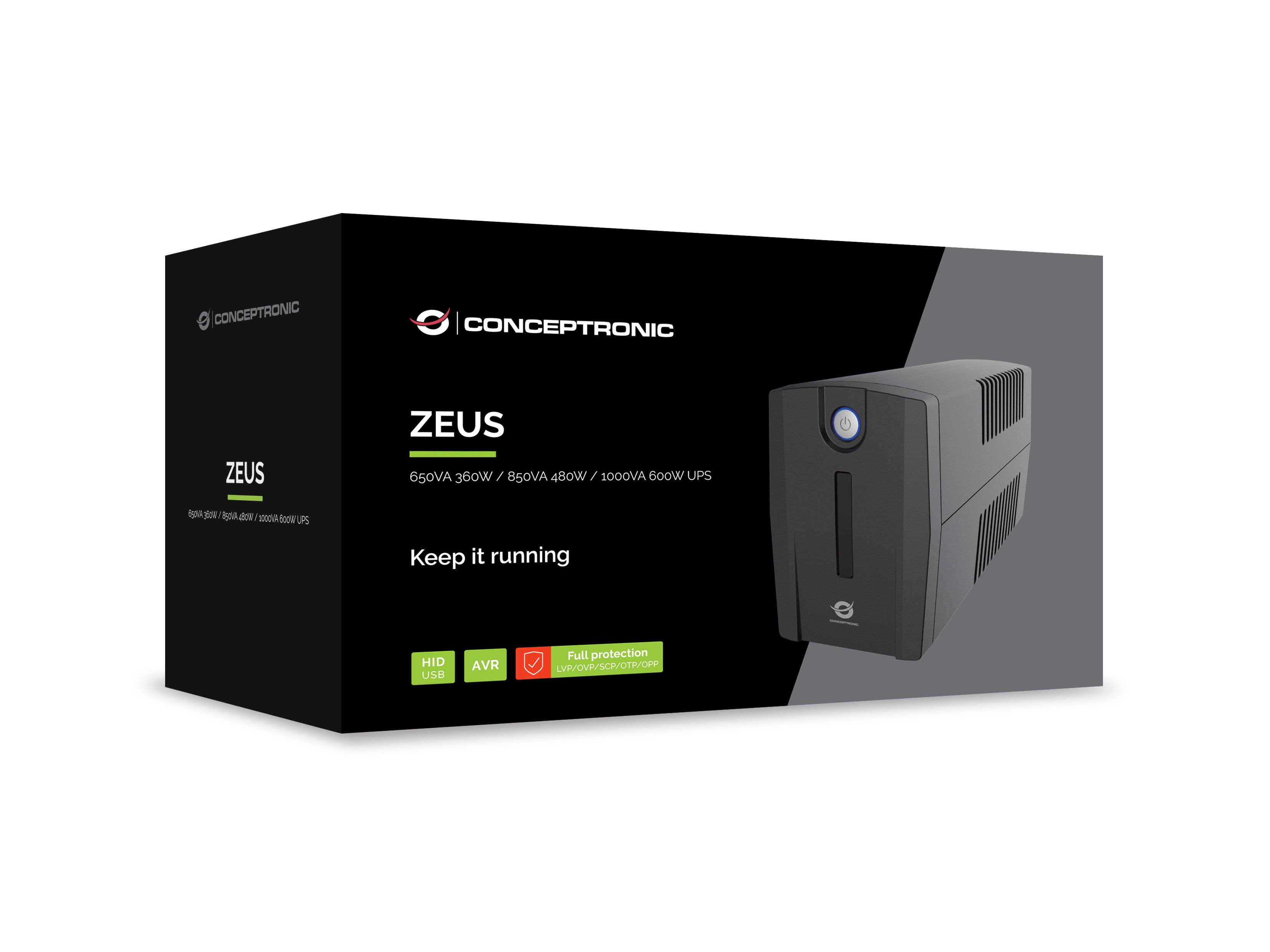 Conceptronic ZEUS01G alimentation d'énergie non interruptible Interactivité de ligne 0,65 kVA 360 W 2 sortie(s) CA