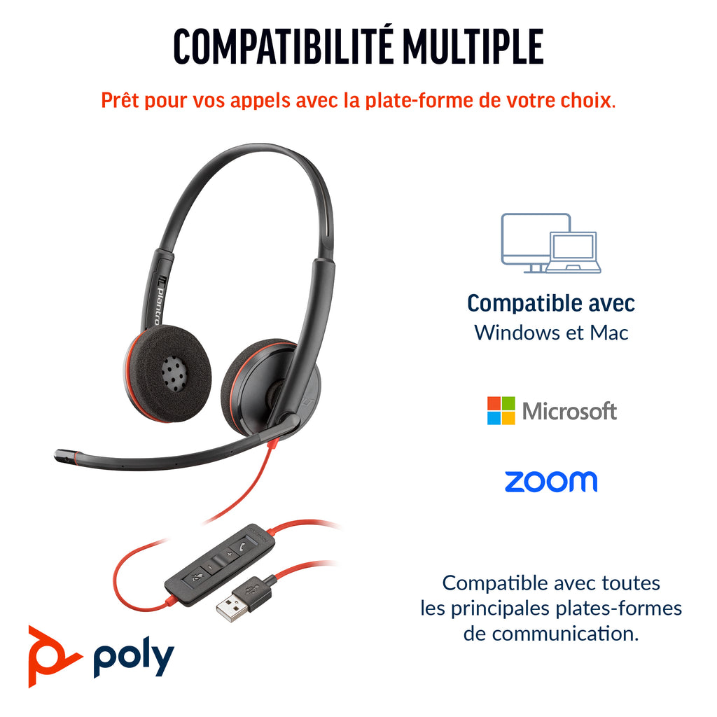 HP Poly Micro-casque stéréo USB-C Poly Blackwire 3220 + adaptateur USB-C/A (lot)