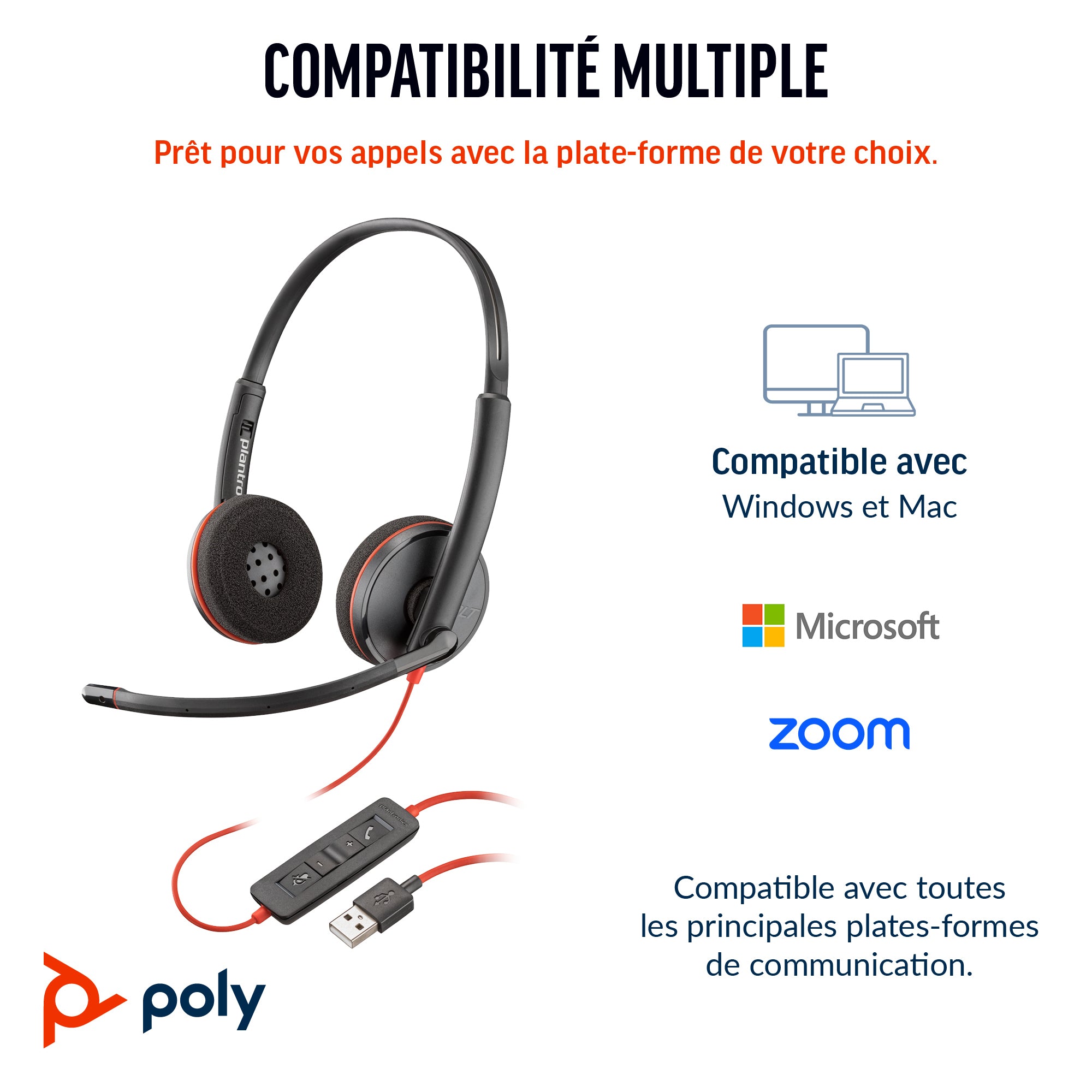 HP Poly Micro-casque stéréo USB-C Poly Blackwire 3220 + adaptateur USB-C/A (lot)