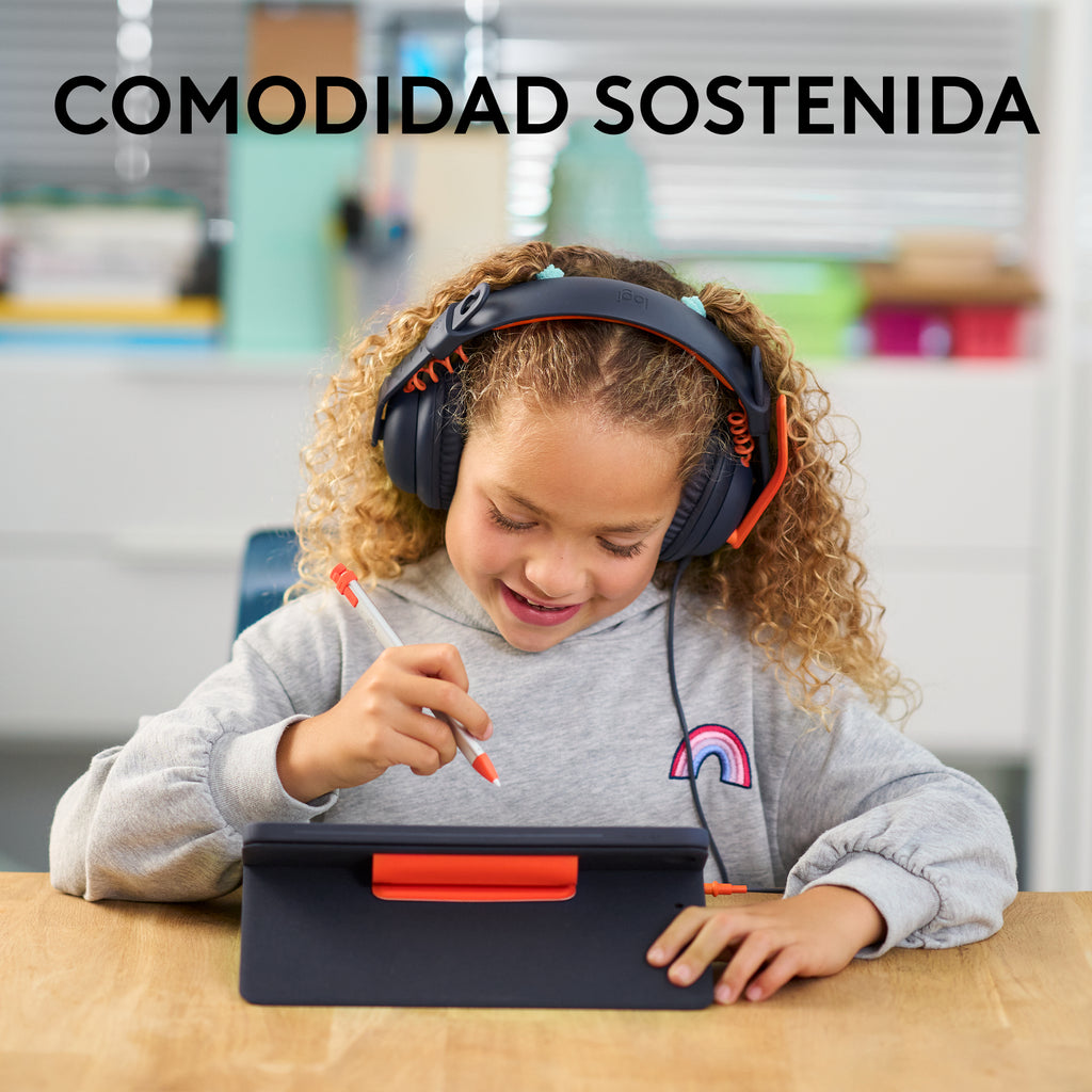 Logitech Zone Learn Casque Supra-Auriculaire Filaire pour Apprenants, Câble AUX 3,5 mm, Noir et Orange