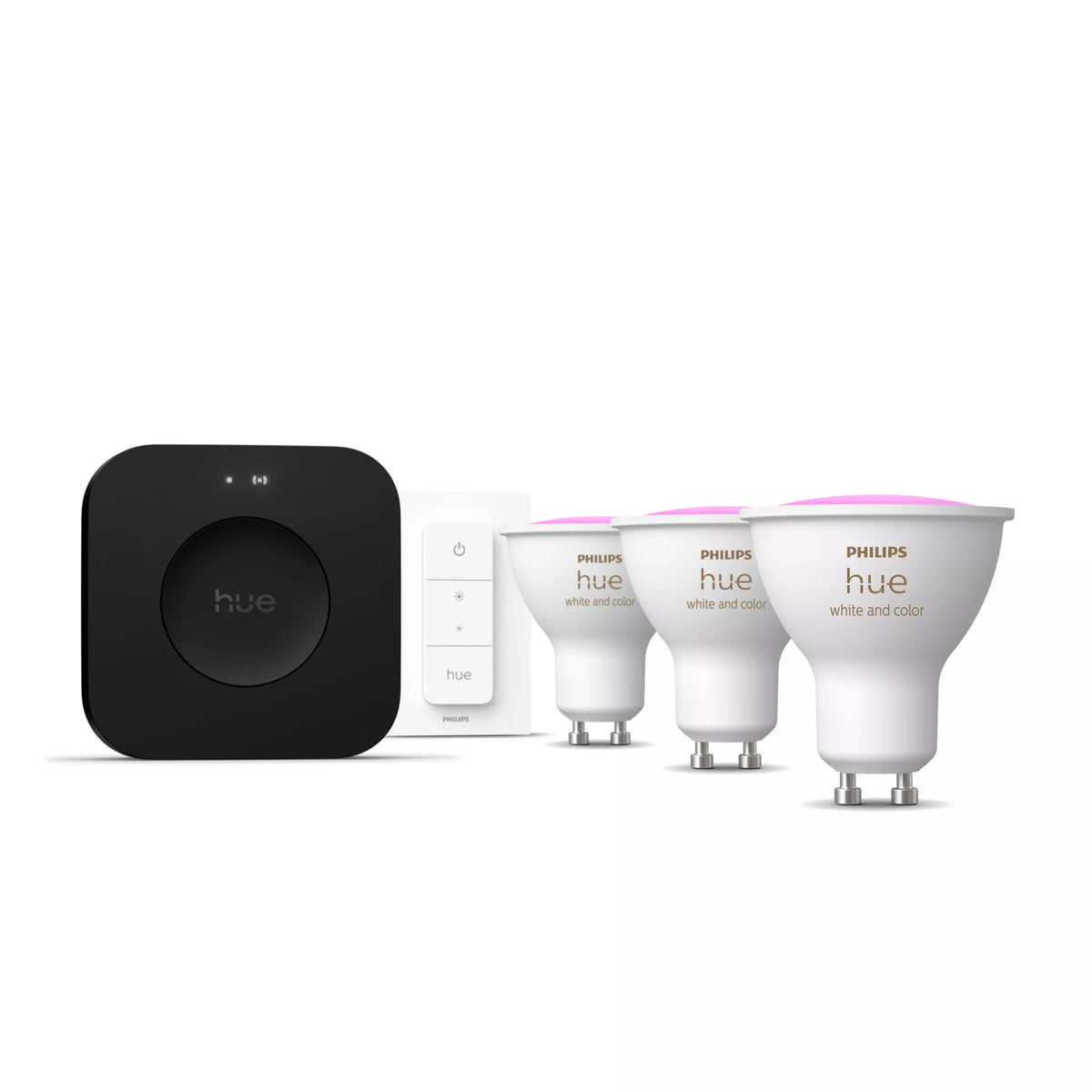 Philips Hue White and Color Ambiance Kit de Démarrage, 3 Ampoules GU10, Dimmer Switch et Hue Bridge Pro
