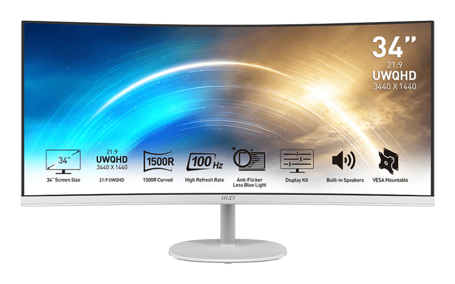 MSI Pro MP341CQWDE écran plat de PC 86,4 cm (34") 3440 x 1440 pixels UltraWide Quad HD Blanc