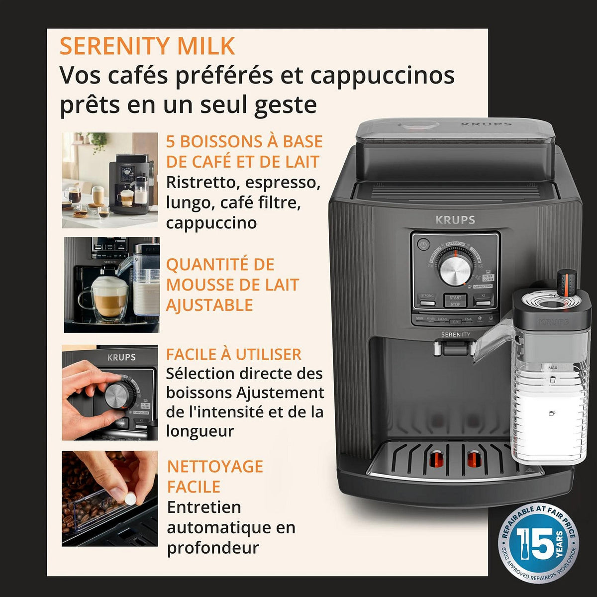 Krups Machine à café avec broyeur Serenity Milk EA402HE0