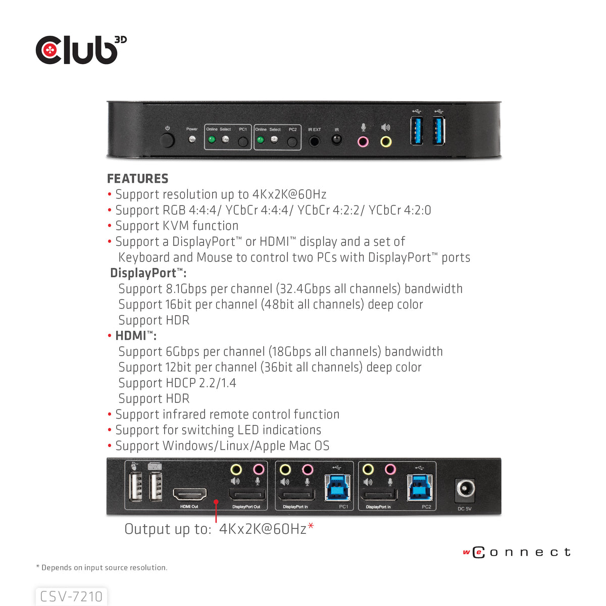 CLUB3D CSV-7210 Commutateur KVM Écran, Clavier et Souris, 4K Ultra HD, Noir