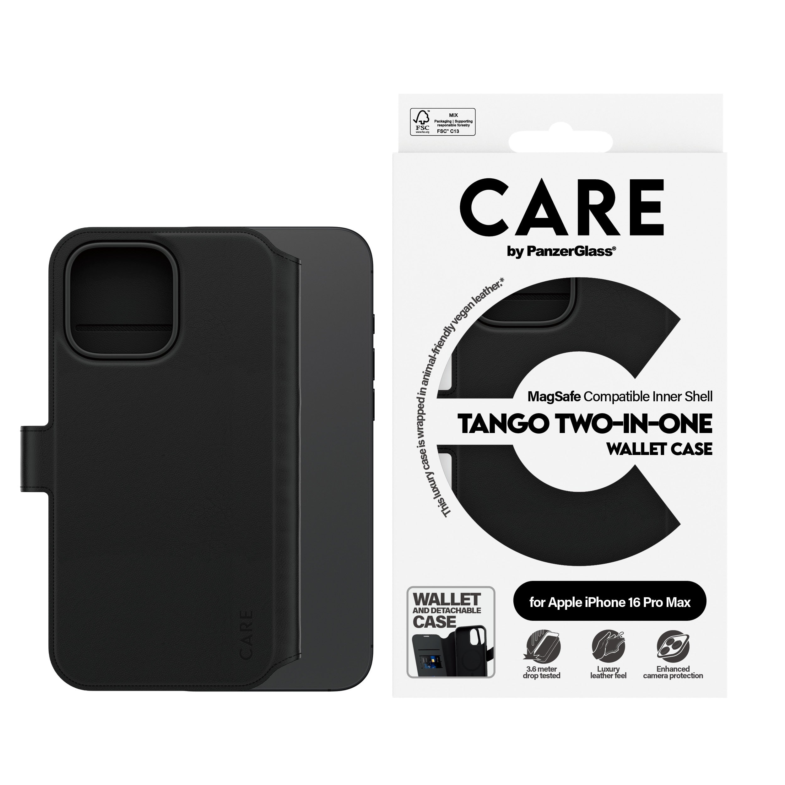 PanzerGlass CARE™ by ® Tango 2-in-1 Wallet Case w. MagSafe iPhone 16 Pro Max coque de protection pour téléphones portables Housse Noir