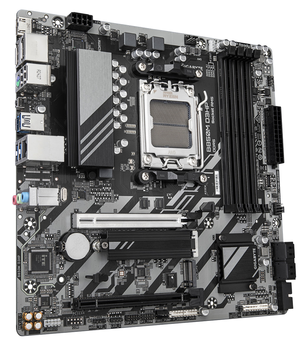 GIGABYTE B850M D3HP Carte Mère - Processeurs AMD Ryzen Série 9000, 5+2+2 phases VRM numériques, jusqu'à 8200MHz DDR5 (OC), 1xPCIe 5.0 + 1xPCIe 4.0 M.2, LAN GbE, USB 3.2 Gen 2