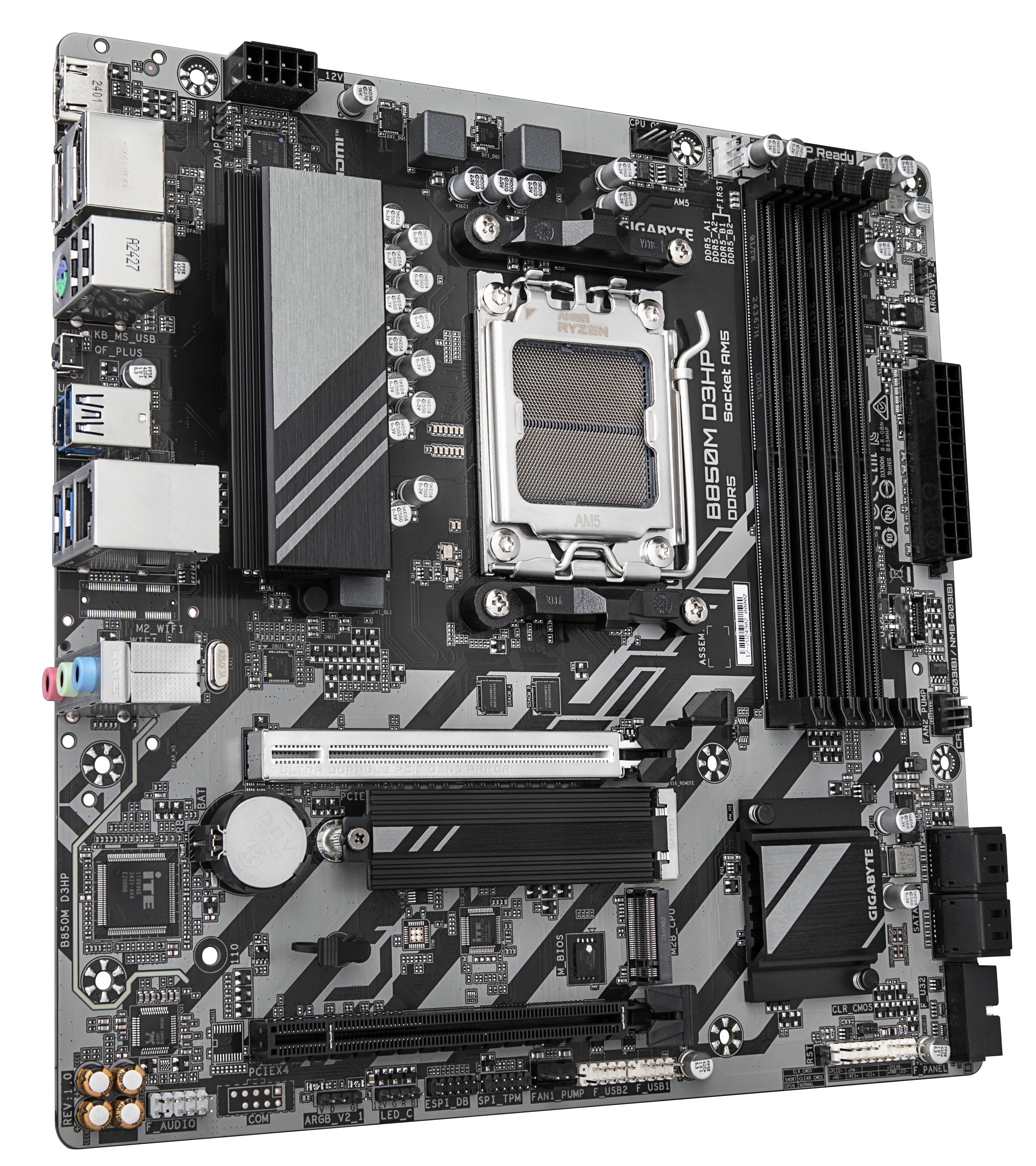 GIGABYTE B850M D3HP Carte Mère - Processeurs AMD Ryzen Série 9000, 5+2+2 phases VRM numériques, jusqu'à 8200MHz DDR5 (OC), 1xPCIe 5.0 + 1xPCIe 4.0 M.2, LAN GbE, USB 3.2 Gen 2