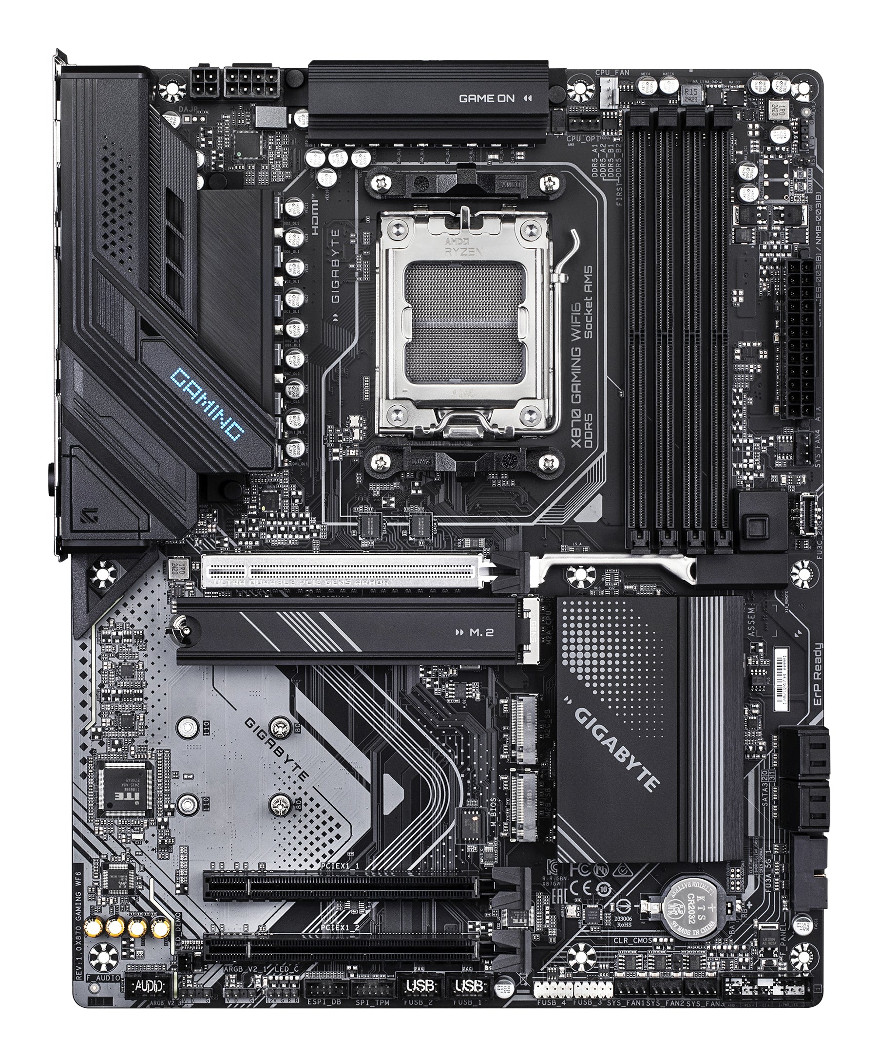 GIGABYTE X870 GAMING WIFI6 Carte Mère - Prend en charge les processeurs AMD Ryzen 9000, 8+2+2 phases VRM, jusqu'à 8000MHz DDR5 (OC), 1xPCIe 5.0 + 2xPCIe 4.0, Wi-Fi 6, LAN 2,5GbE, USB 4