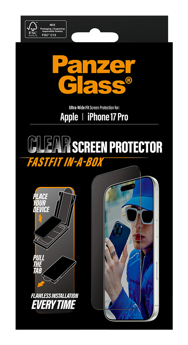 PanzerGlass Protection d'écran pour iPhone 17 Pro, Ultra-Wide Fit avec Fastfit, Transparent