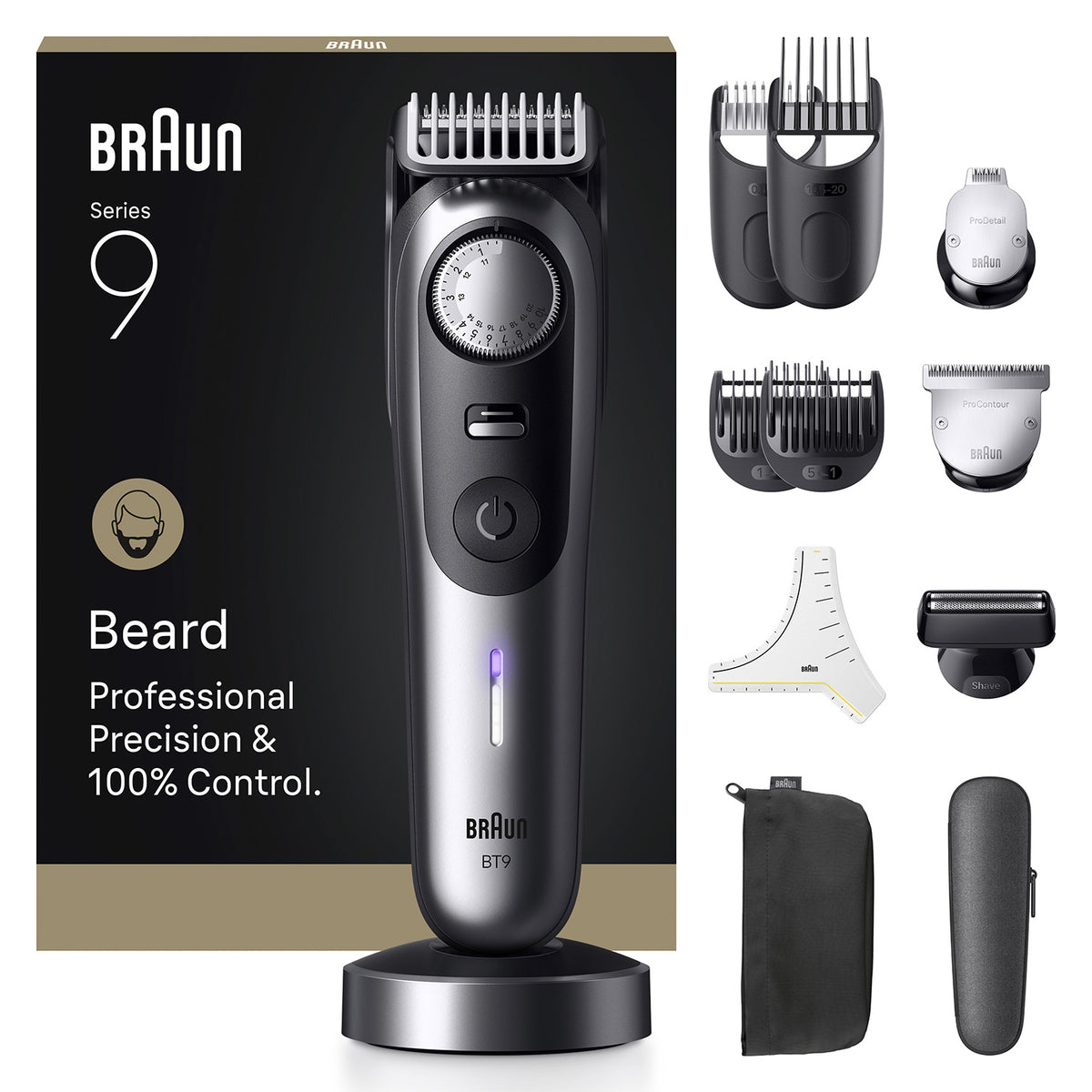 Braun BeardTrimmer 9 BT9560 tondeuse à barbe Batterie 52 2 cm Mouillé & sec Noir, Argent