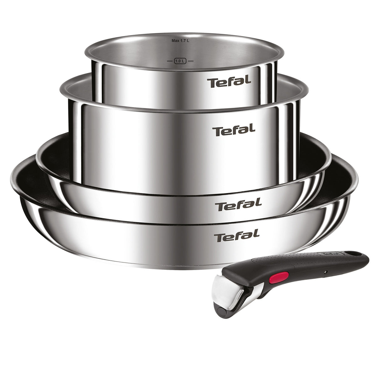 Tefal Batterie de cuisine 5 Pièces Inox Revêtement Anti-adhésif Tous Feux Dont Induction Poignée Amovible Ingenio Emotion