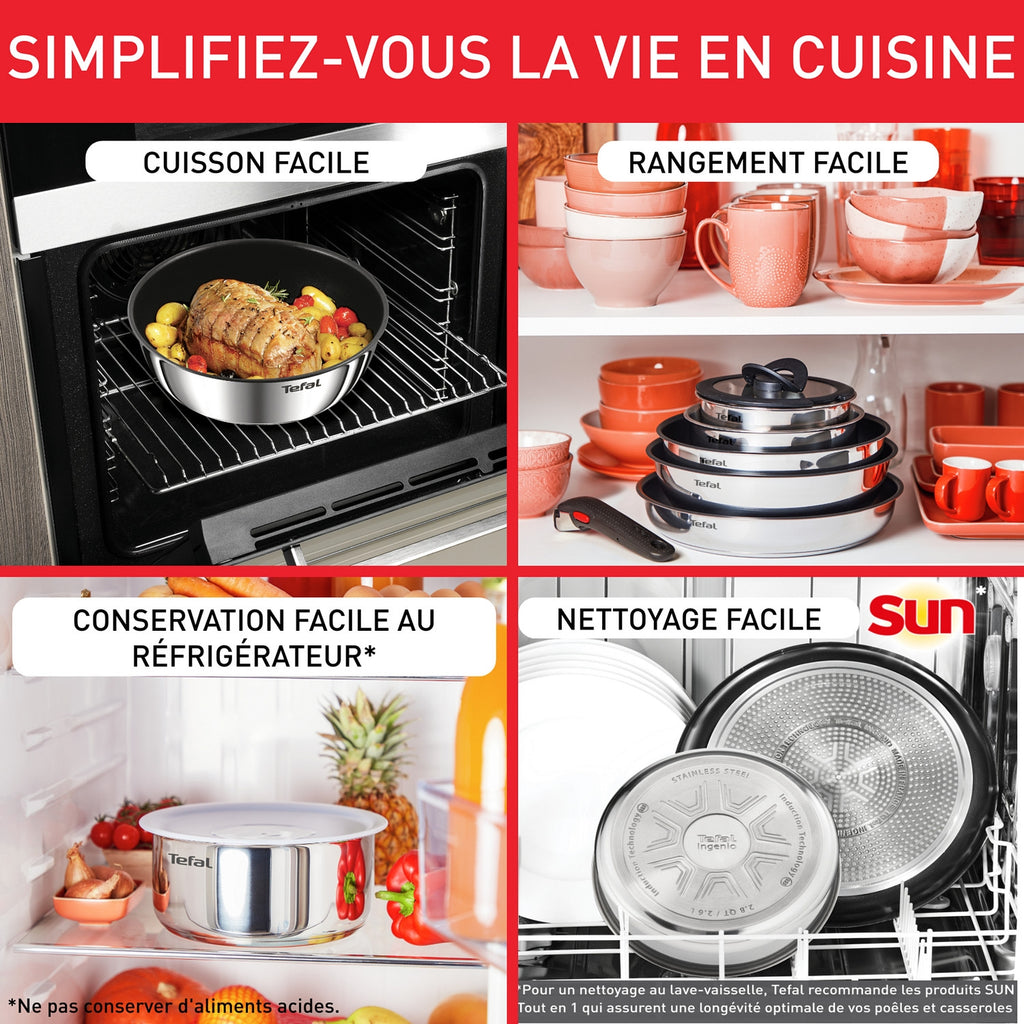 Tefal Batterie de cuisine 5 Pièces Inox Revêtement Anti-adhésif Tous Feux Dont Induction Poignée Amovible Ingenio Emotion