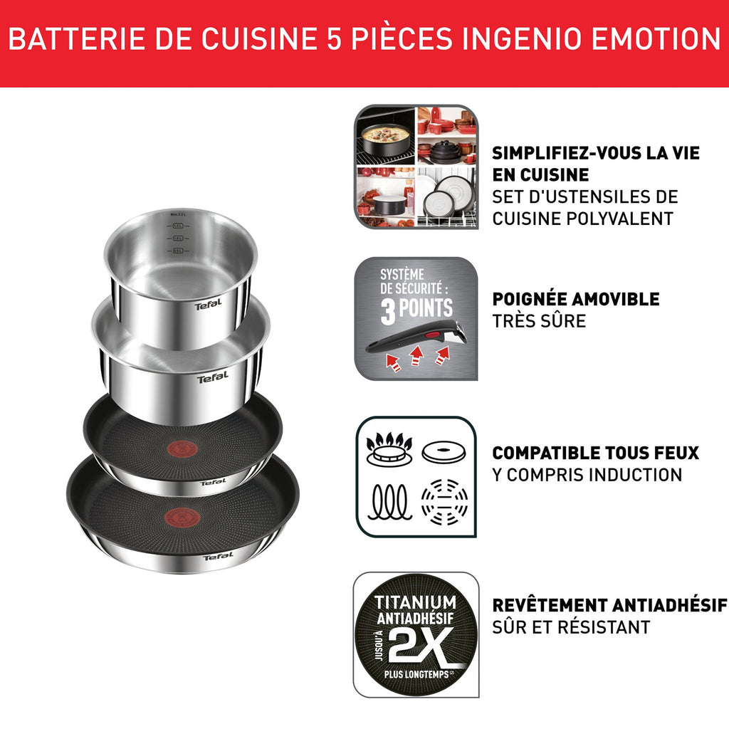 Tefal Batterie de cuisine 5 Pièces Inox Revêtement Anti-adhésif Tous Feux Dont Induction Poignée Amovible Ingenio Emotion