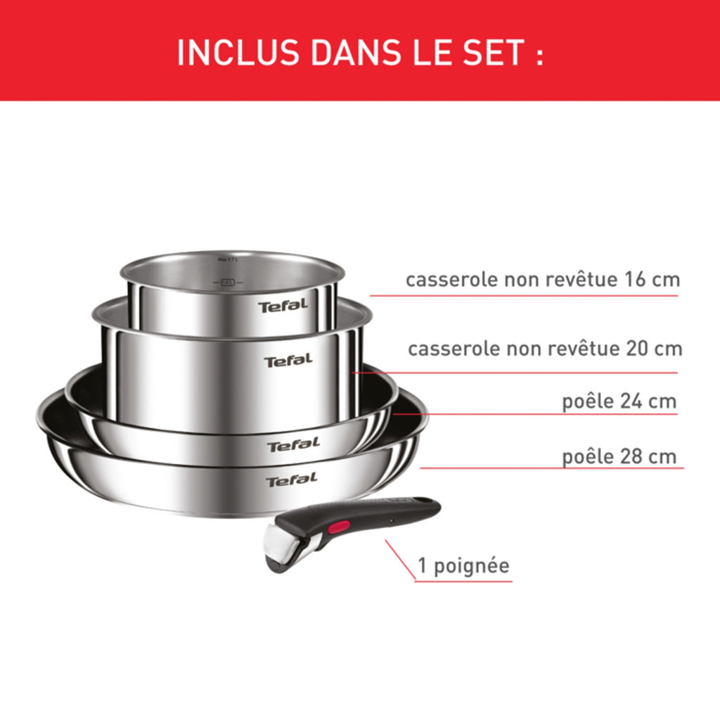 Tefal Batterie de cuisine 5 Pièces Inox Revêtement Anti-adhésif Tous Feux Dont Induction Poignée Amovible Ingenio Emotion