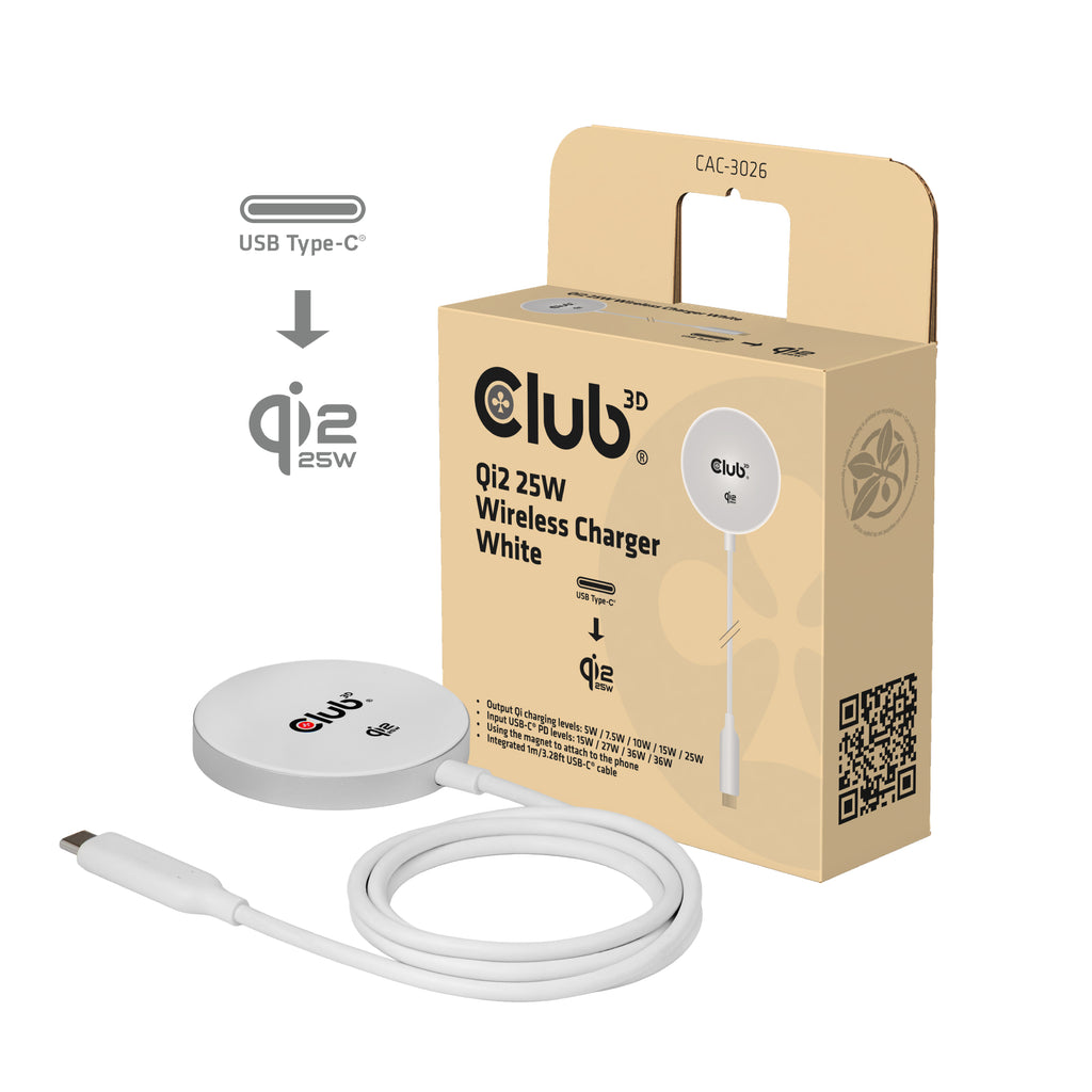 CLUB3D CAC-3026 chargeur d'appareils mobiles Téléphone portable, Smartphone Blanc USB Recharge sans fil Charge rapide Intérieure