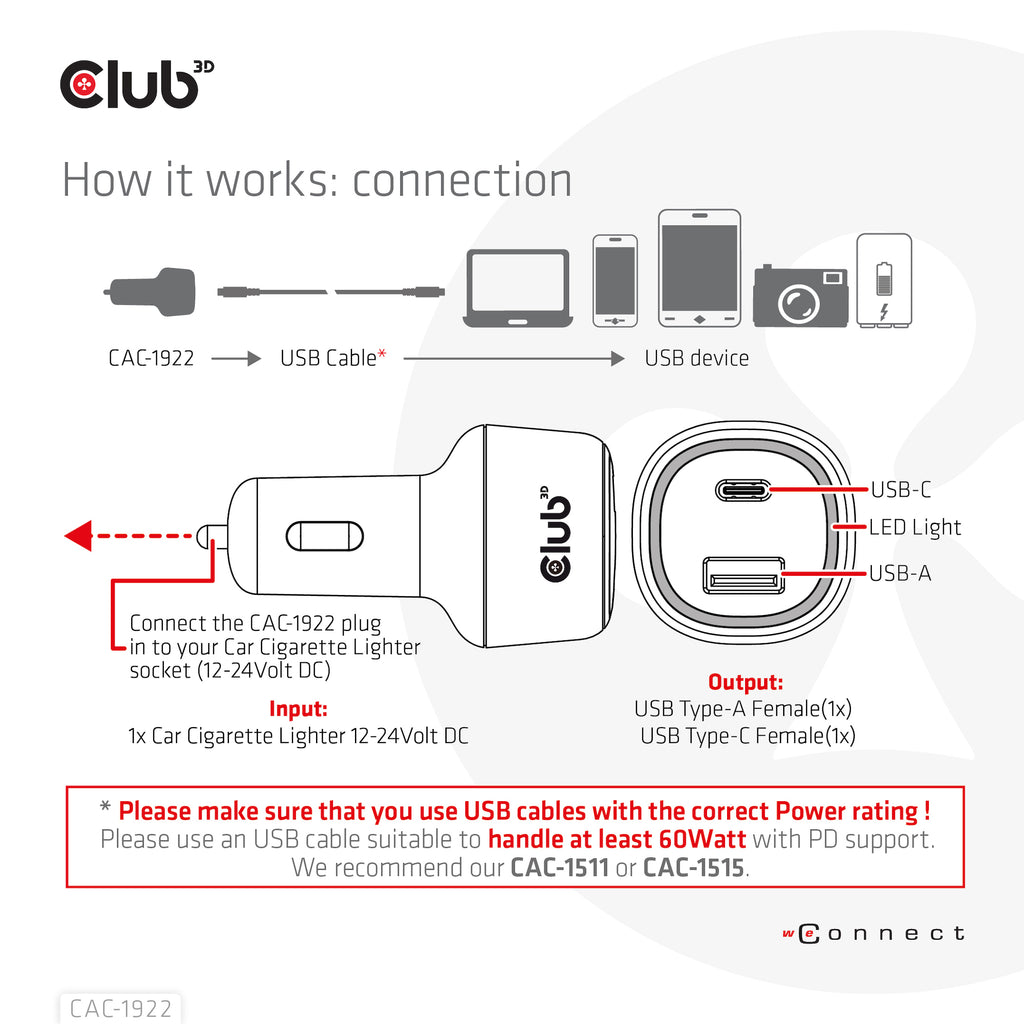 CLUB3D CAC-1922 Chargeur Allume-cigare pour Ordinateur Portable, Noir