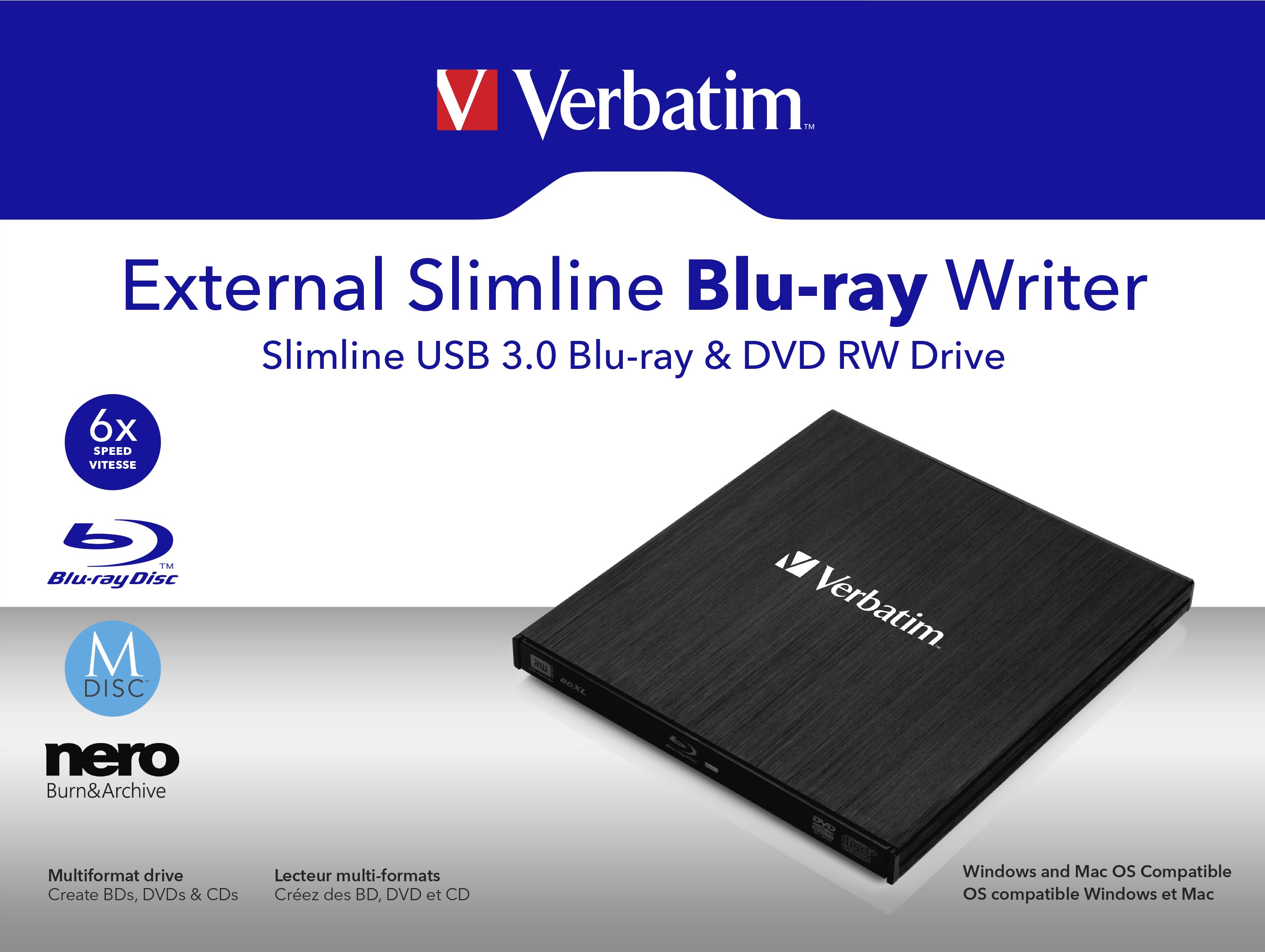 Verbatim External Slimline lecteur de disques optiques Blu-Ray RW Noir