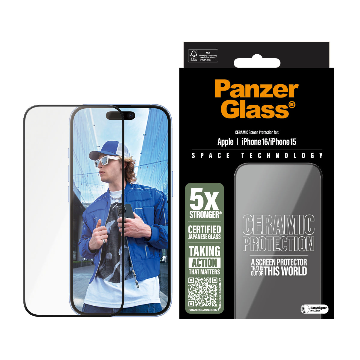 PanzerGlass ® Ceramic Screen Protector iPhone 16 | 15 | Ultra-Wide Fit w. EasyAligner Protection d'écran transparent Apple 1 pièce(s)