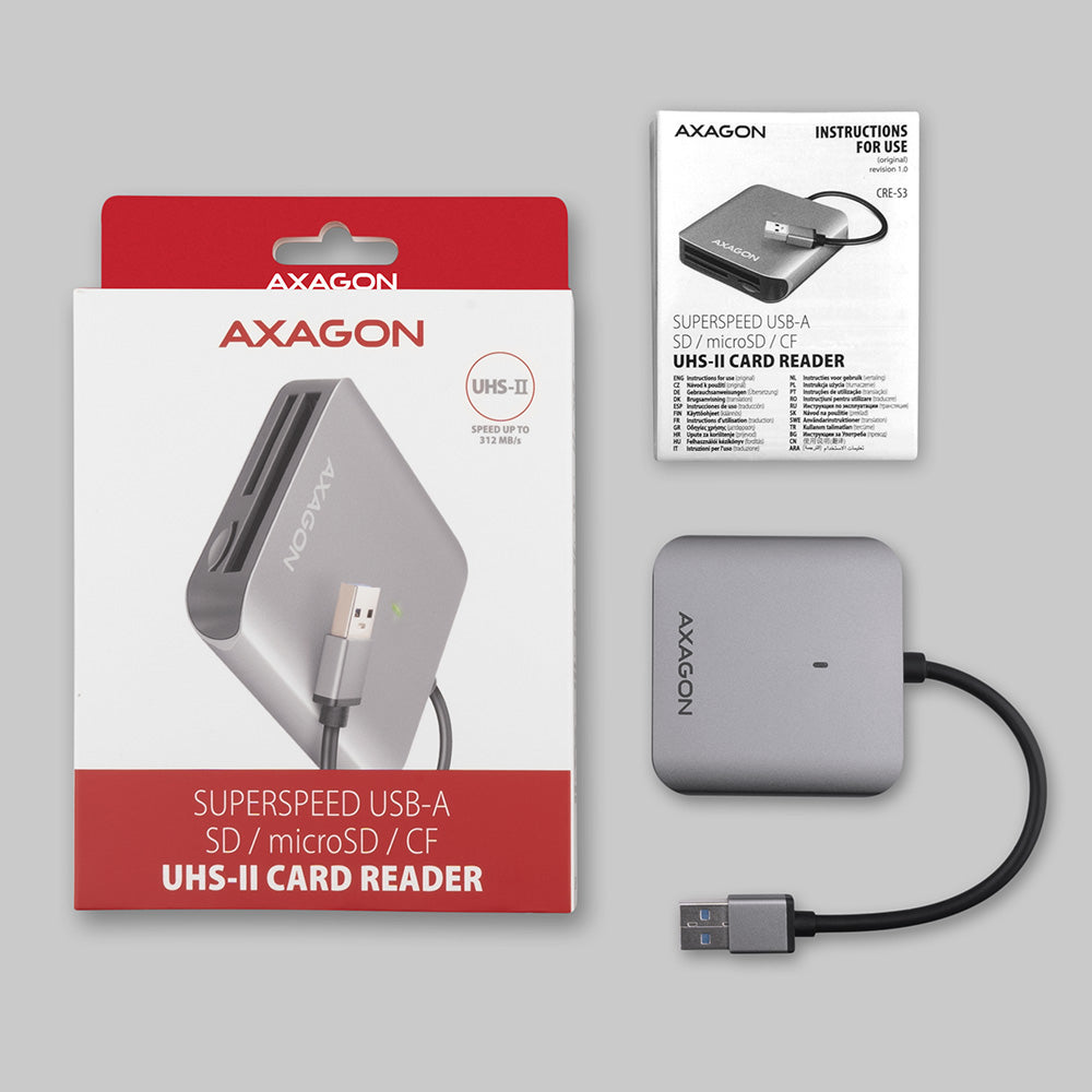 Axagon CRE-S3 External card reader USB-A 3.2 Gen 1 3-slot & lun SD/microSD/CF lecteur de carte mémoire USB 3.2 Gen 1 (3.