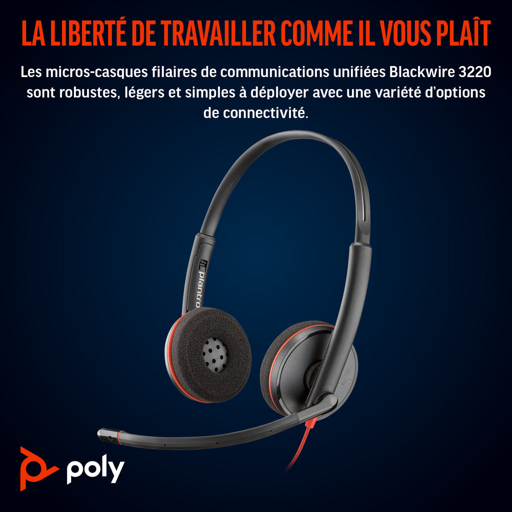 HP Poly Micro-casque stéréo USB-C Poly Blackwire 3220 + adaptateur USB-C/A (lot)