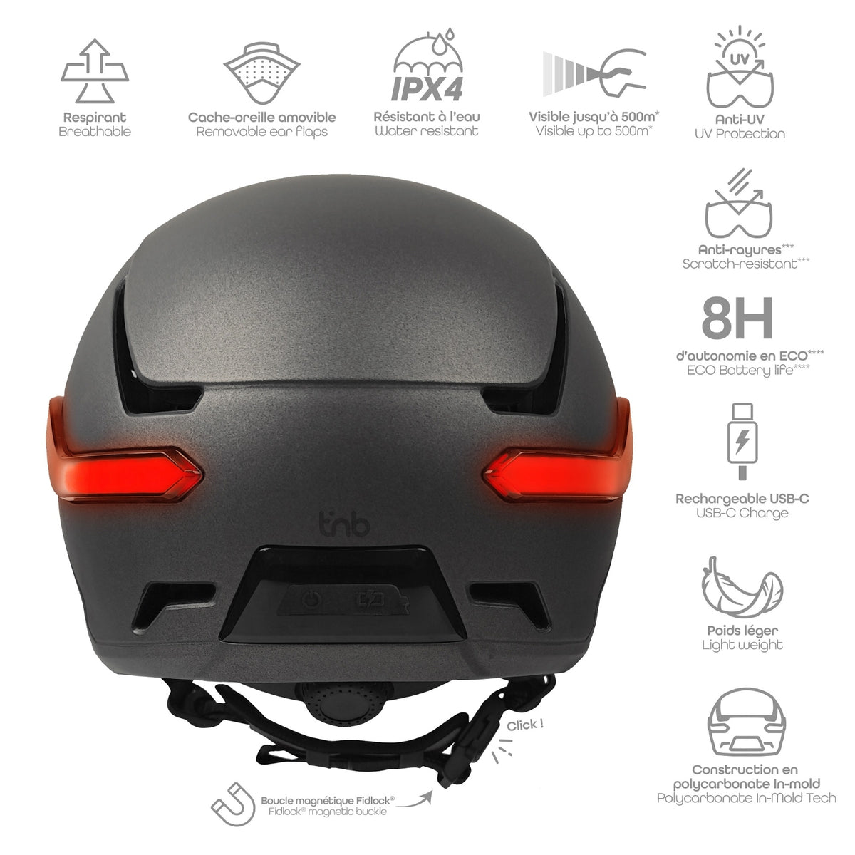 TNB Casque pour vélo et trottinette avec visière et feu stop LED Vizion Gris