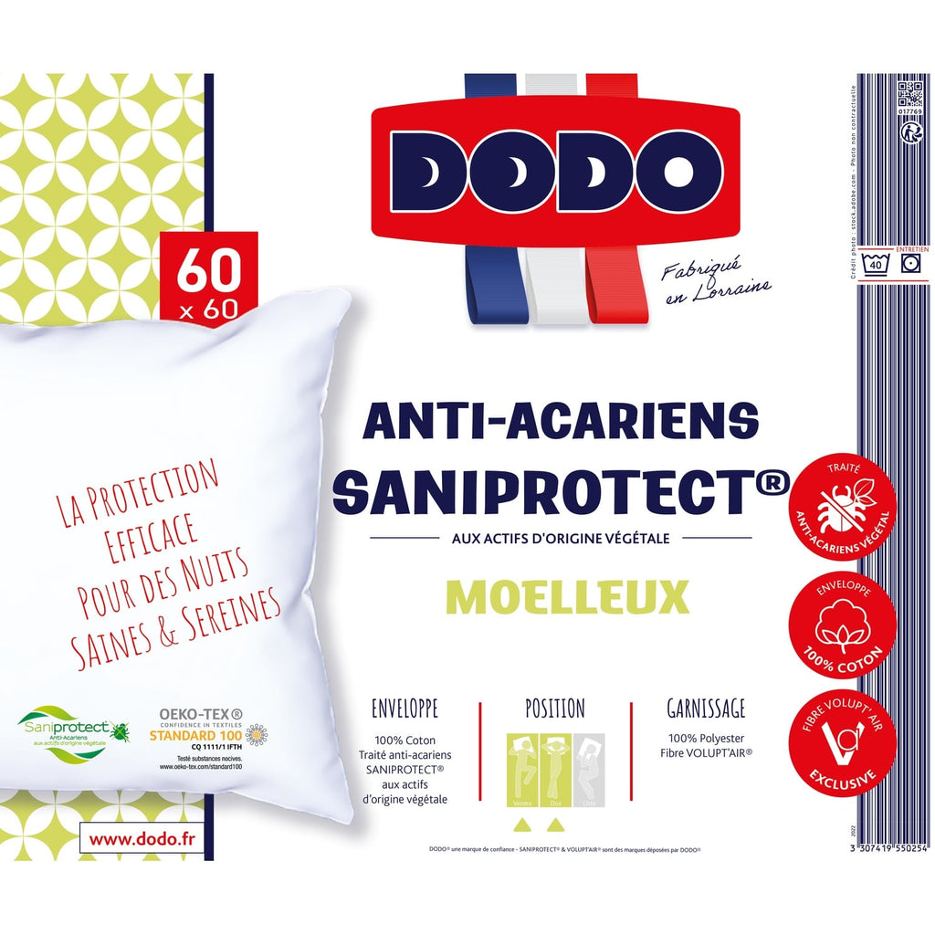 DODO Oreiller Moelleux Anti-acariens 60x60 cm Saniprotect