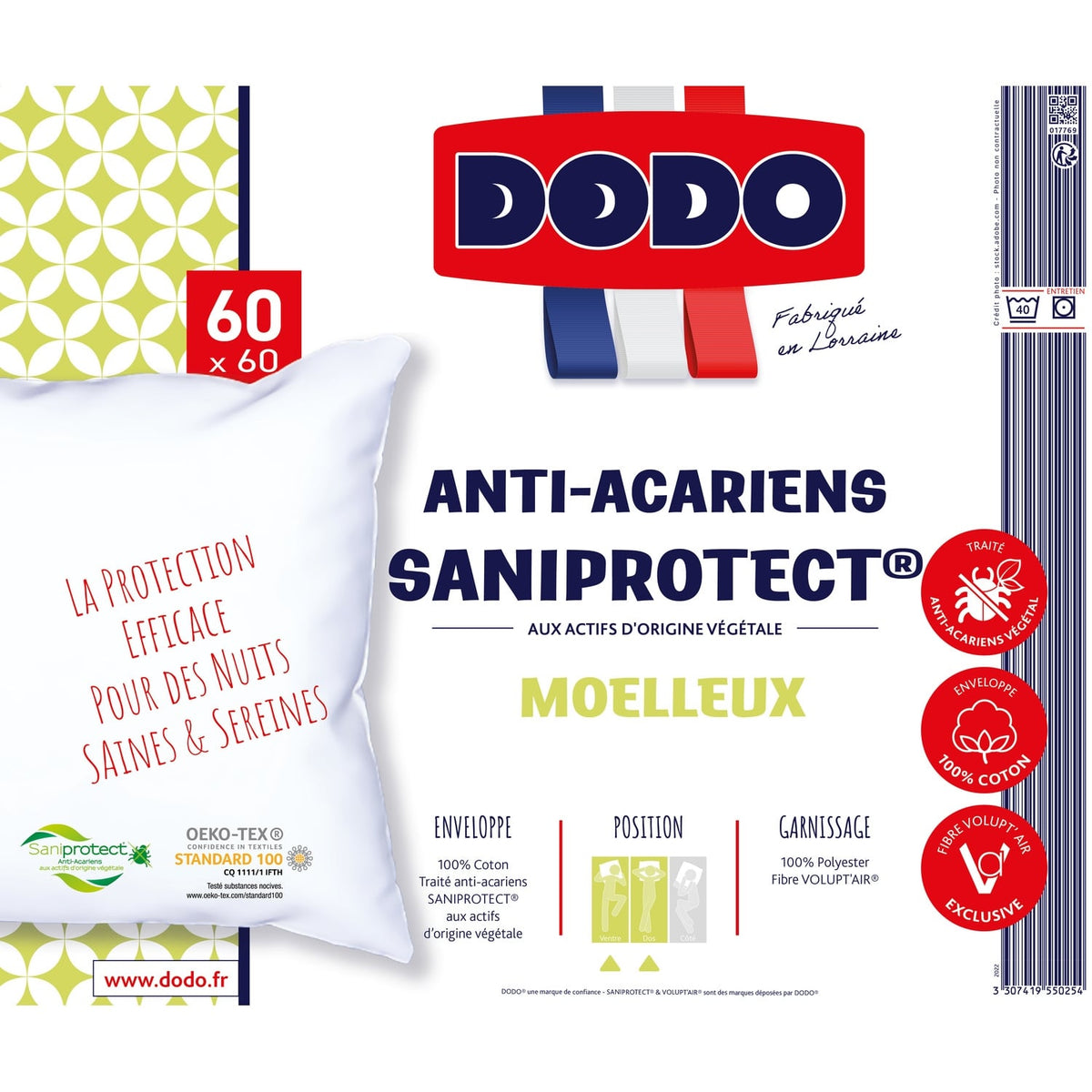 DODO Oreiller Moelleux Anti-acariens 60x60 cm Saniprotect