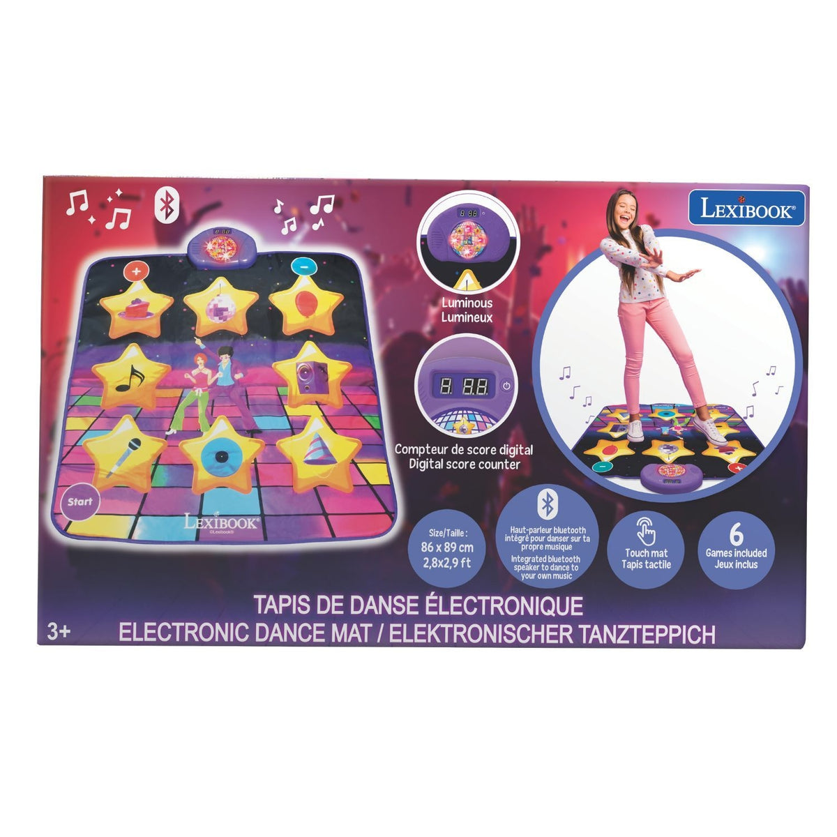 Lexibook Tapis de Danse Électronique Lumineux Bluetooth 6 Jeux Inclus