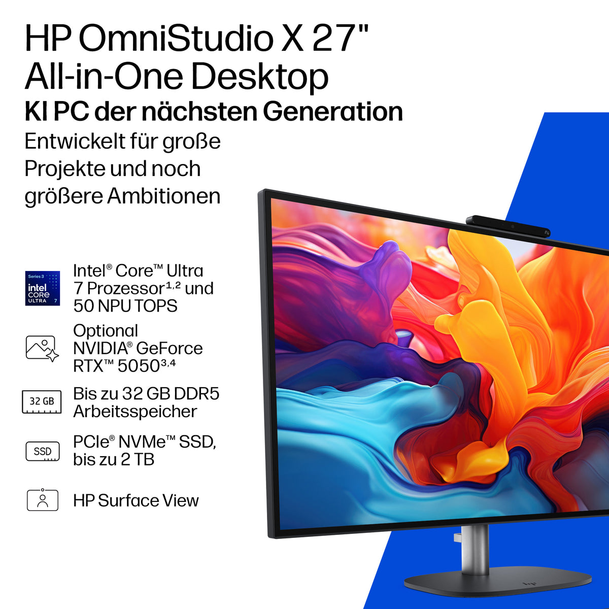 HP Omnistudio X All-in-One 27-cx0170ng, Écran 27" QHD, Intel Core Ultra 7 365H, 16GB RAM, 1TB SSD, Windows 11