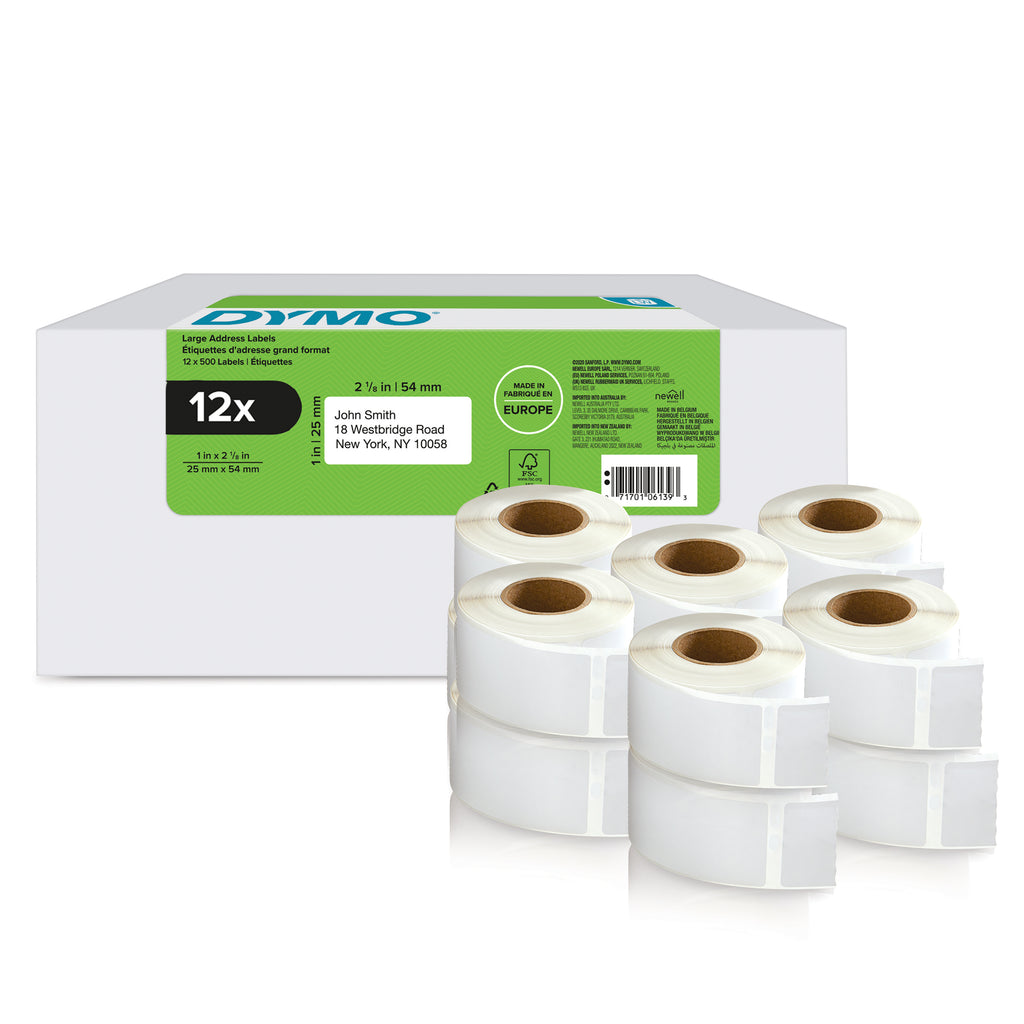 DYMO LW étiquettes de retour autocollantes | 25 mm x 54 mm | 12 rouleaux 500 étiquettes faciles à décoller (lot de 6.000) | pour les étiqueteuses LabelWriter