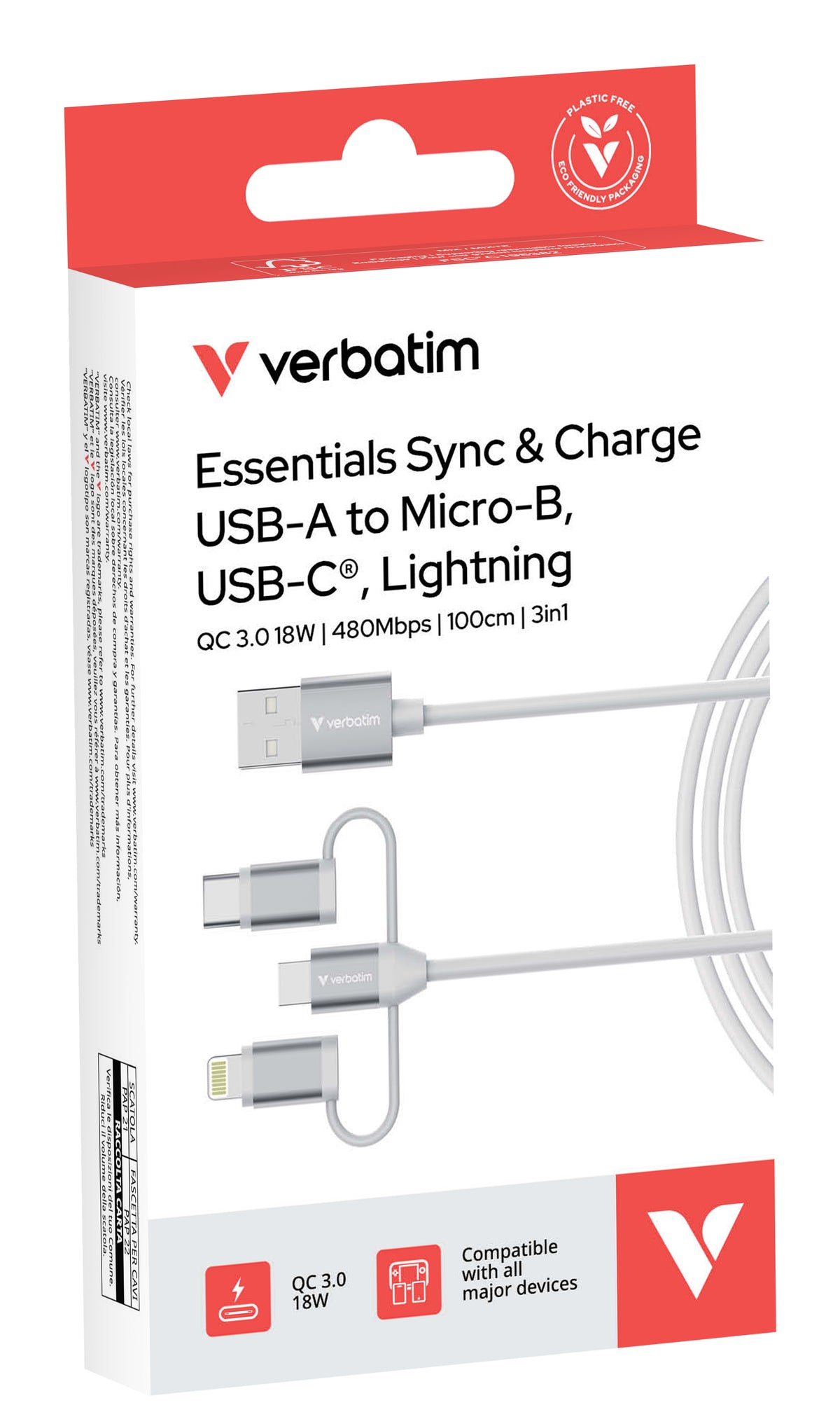 Verbatim 32394 Câble USB 2.0 Multi-connecteurs USB-A vers USB-C, Micro USB-B et Lightning, 1 m, 18 W, Blanc