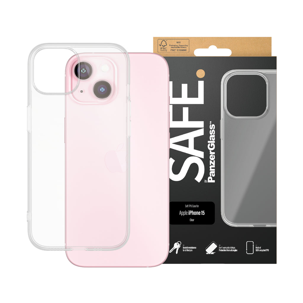 PanzerGlass SAFE. TPU Case Transparent pour iPhone 15, Coque de Protection