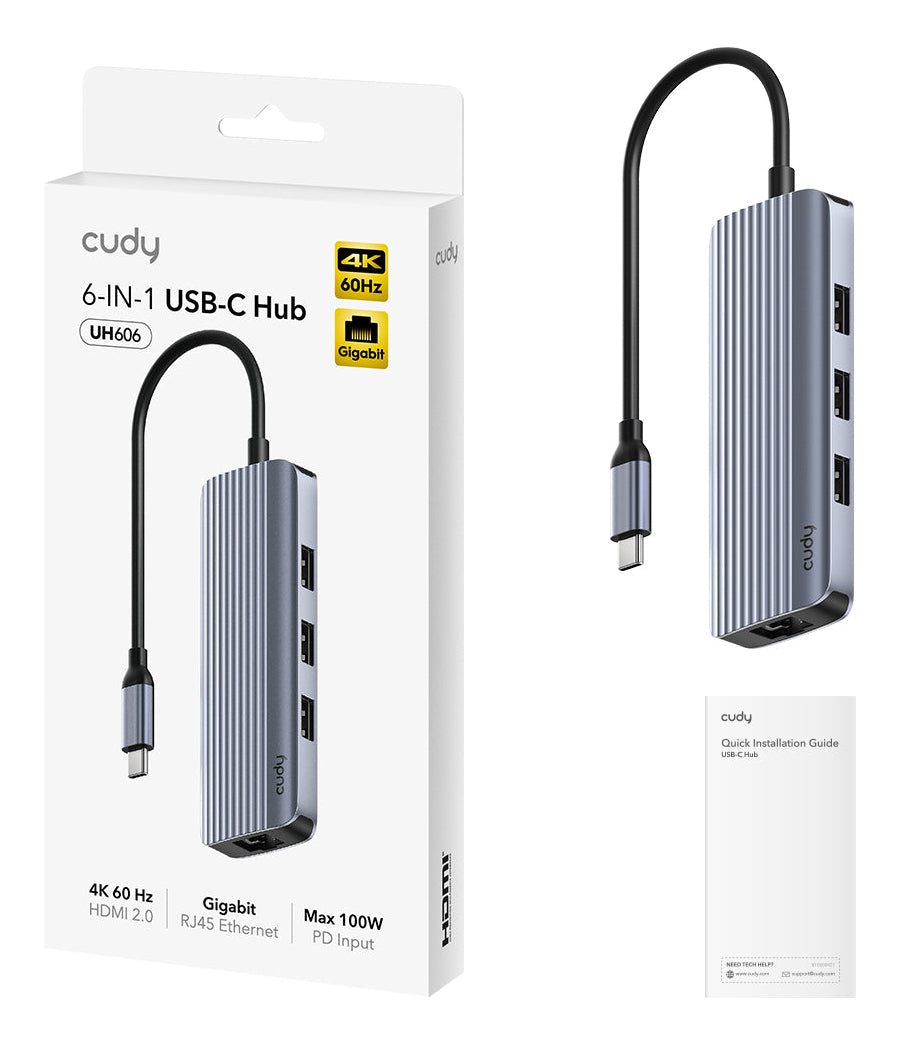 Cudy UH606 Station d'accueil USB 3.2 Gen 1 Type-C, Gris Argent