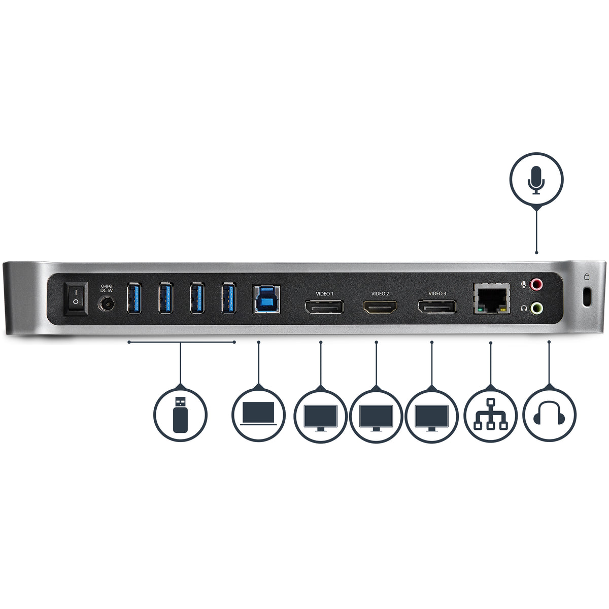 StarTech.com Station d'Accueil USB 3.0 Triple Affichage 2x 4K DisplayPort et HDMI, Hub USB-A 5 Ports, GbE, Audio 3,5 mm