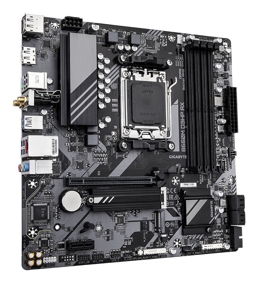 GIGABYTE B650M D3HP AX Carte mère - AMD Ryzen série 9000, VRM 5+2+2 phases, jusqu'à 8000 MHz DDR5 (OC), 2xPCIe 4.0 M.2, WIFI 6E, LAN 2,5 GbE, USB 3.2 Gen 1