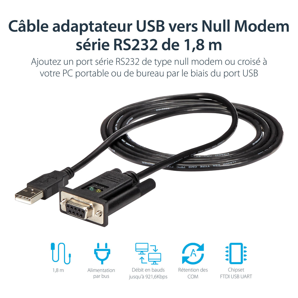 StarTech.com Câble Adaptateur USB vers RS232 Série - Câble DB9 Série DCE avec FTDI - Null Modem - USB 1.1 / 2.0 - Alimenté par Bus