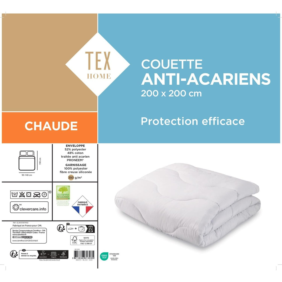 Tex Home Couette Chaude Anti-acariens 200x200cm Proneem